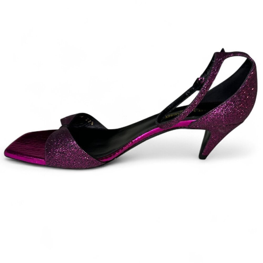 Saint Laurent Paris Glitter Fuchsia Kitten Heel Sandal EU 37.5 NWOB - Picture 11 of 16